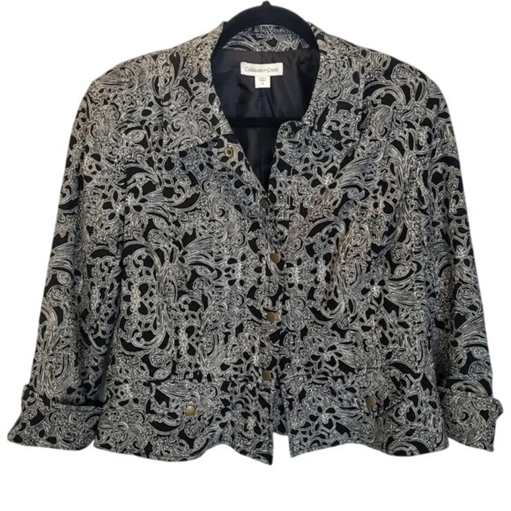 Coldwater Creek Floral Black White Short Classic Blazer Jacket Size 14‎
